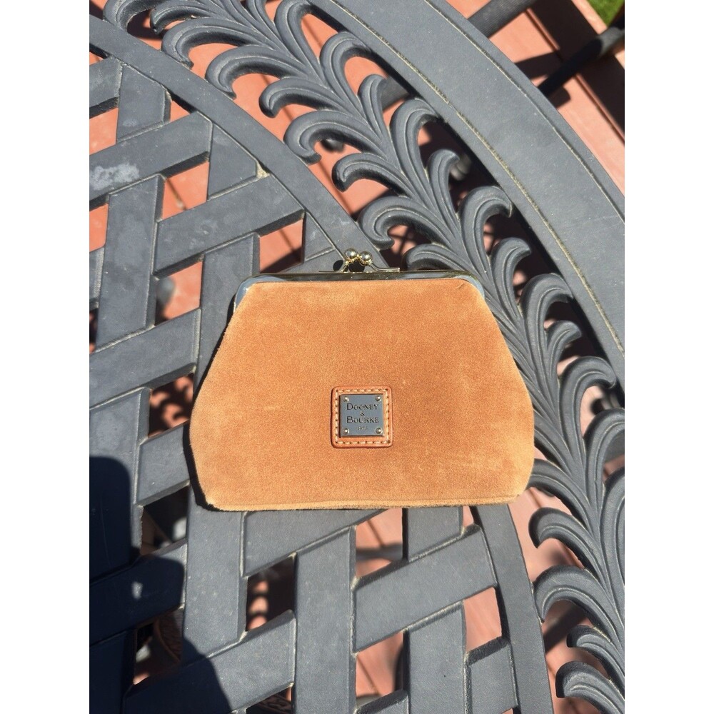 Dooney & Bourke Suede Kisslock Framed Clutch Purse Brown Tan